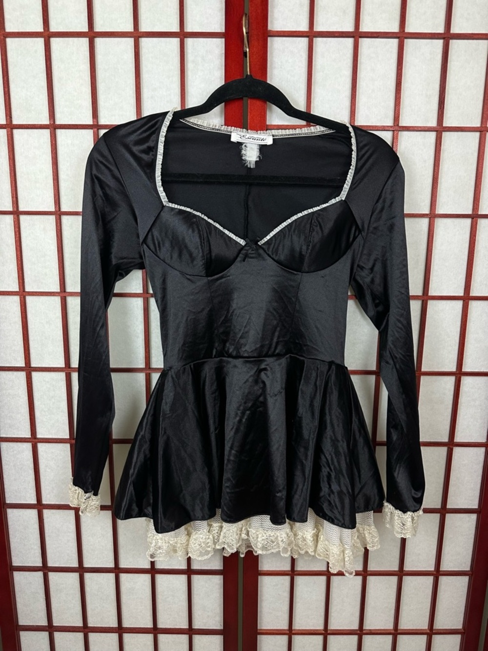 Y2K Escante Black Satin Long Sleeve Sexy Lace Trim Mini Dress